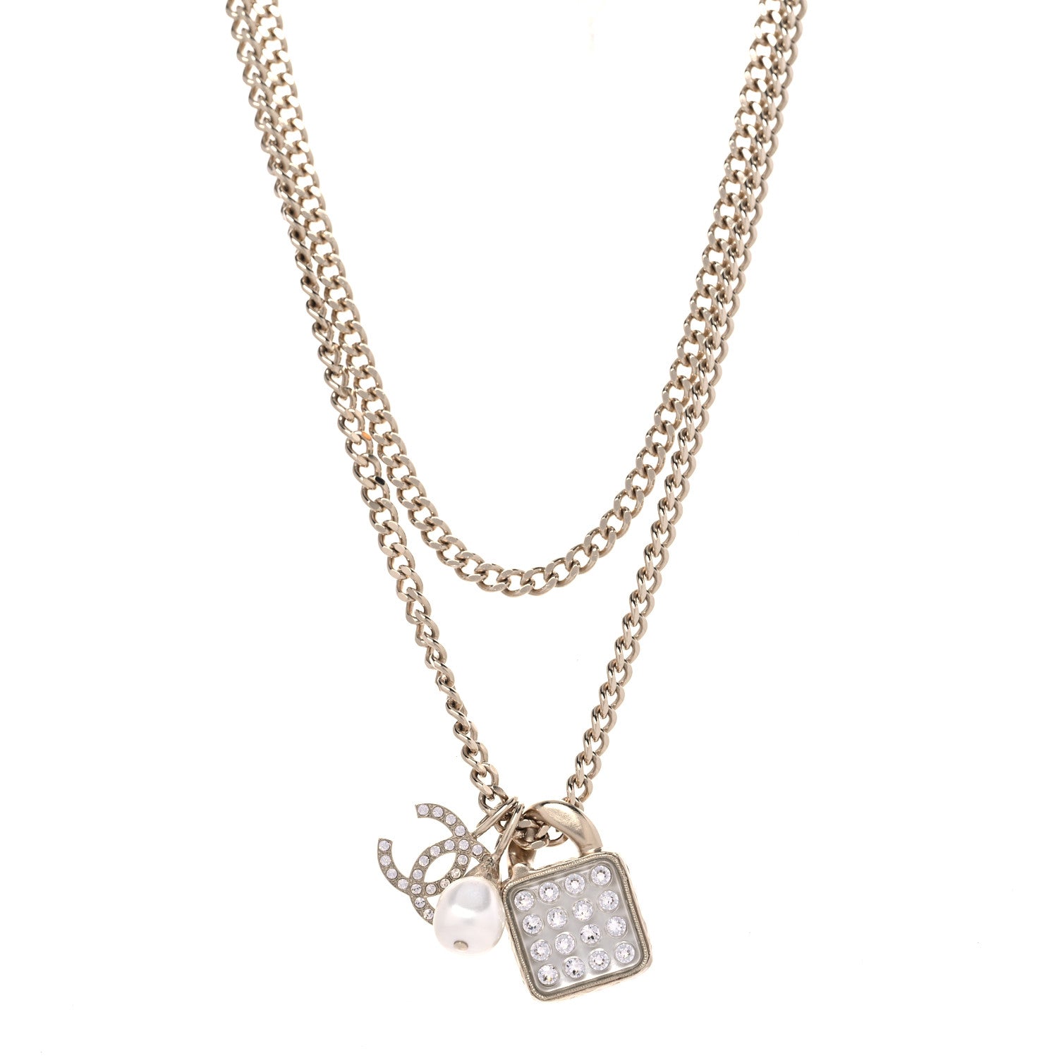 Chanel Crystal Pearl Resin CC Drop Multi Strand Chain Necklace Gold Pearly White 1 of 7