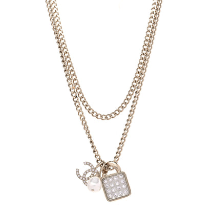 Chanel Crystal Pearl Resin CC Drop Multi Strand Chain Necklace Gold Pearly White 1 of 7