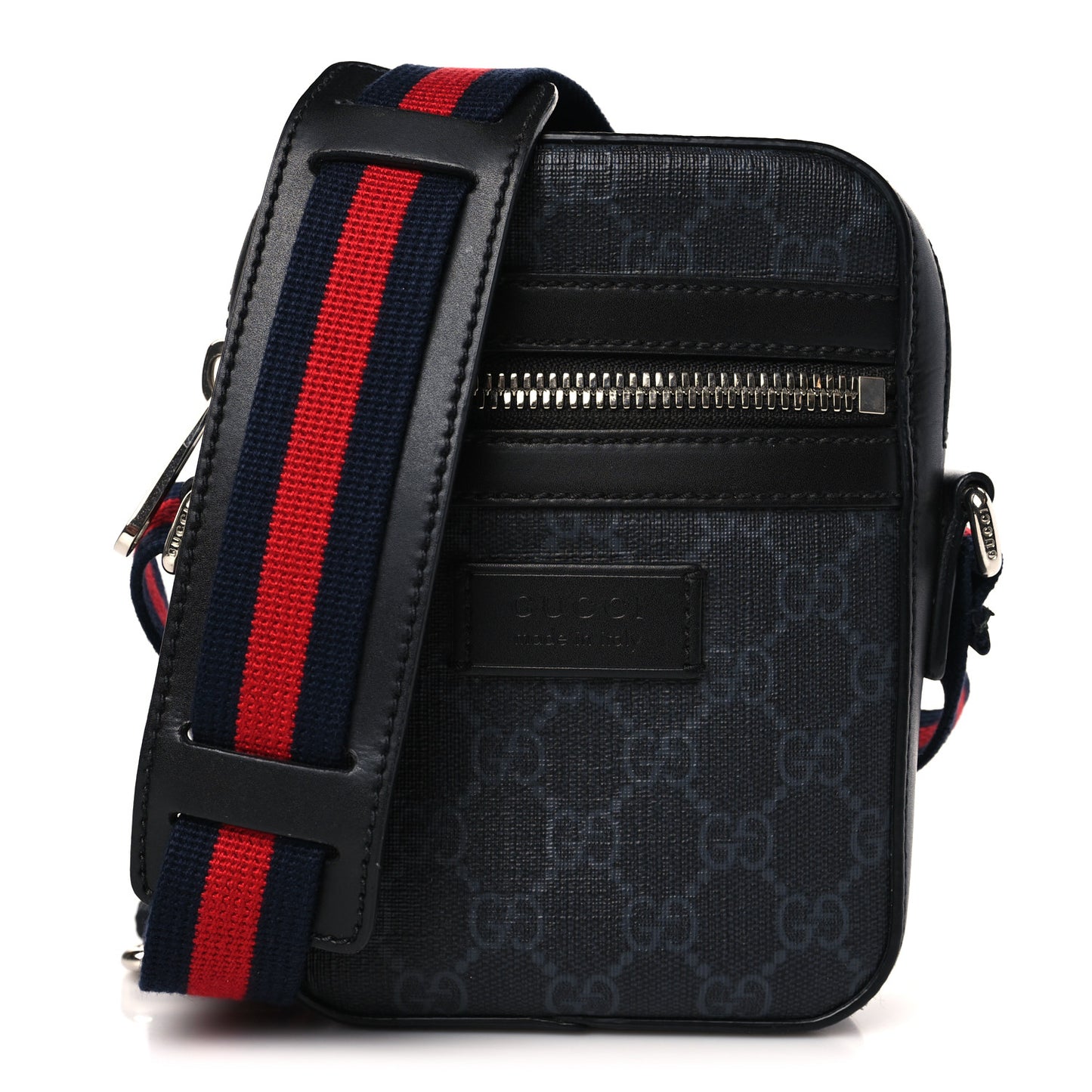 GG Supreme Monogram Appia Calfskin Web Small Camera Messenger Bag Black Grey