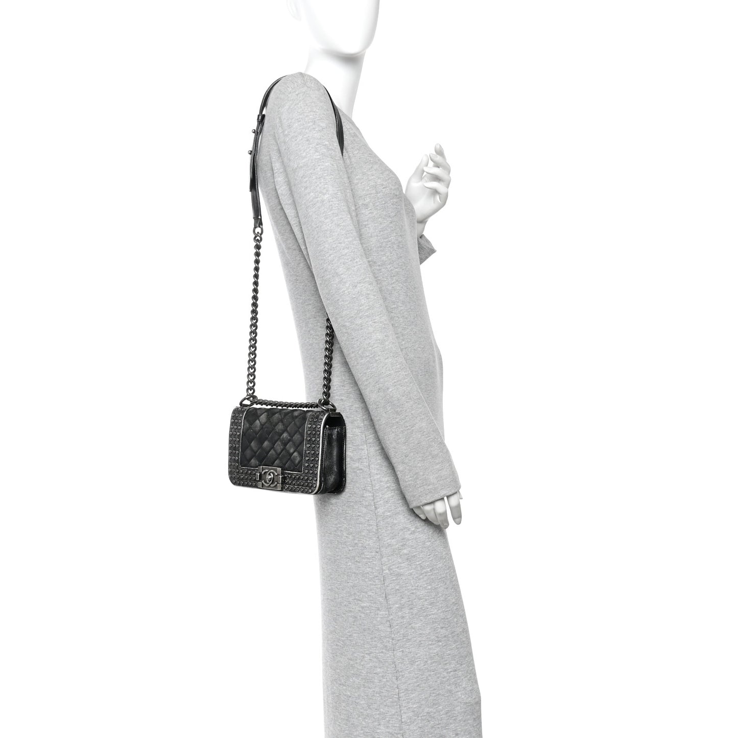 Faded Calfskin Quilted Small Studded Boy Flap Grey