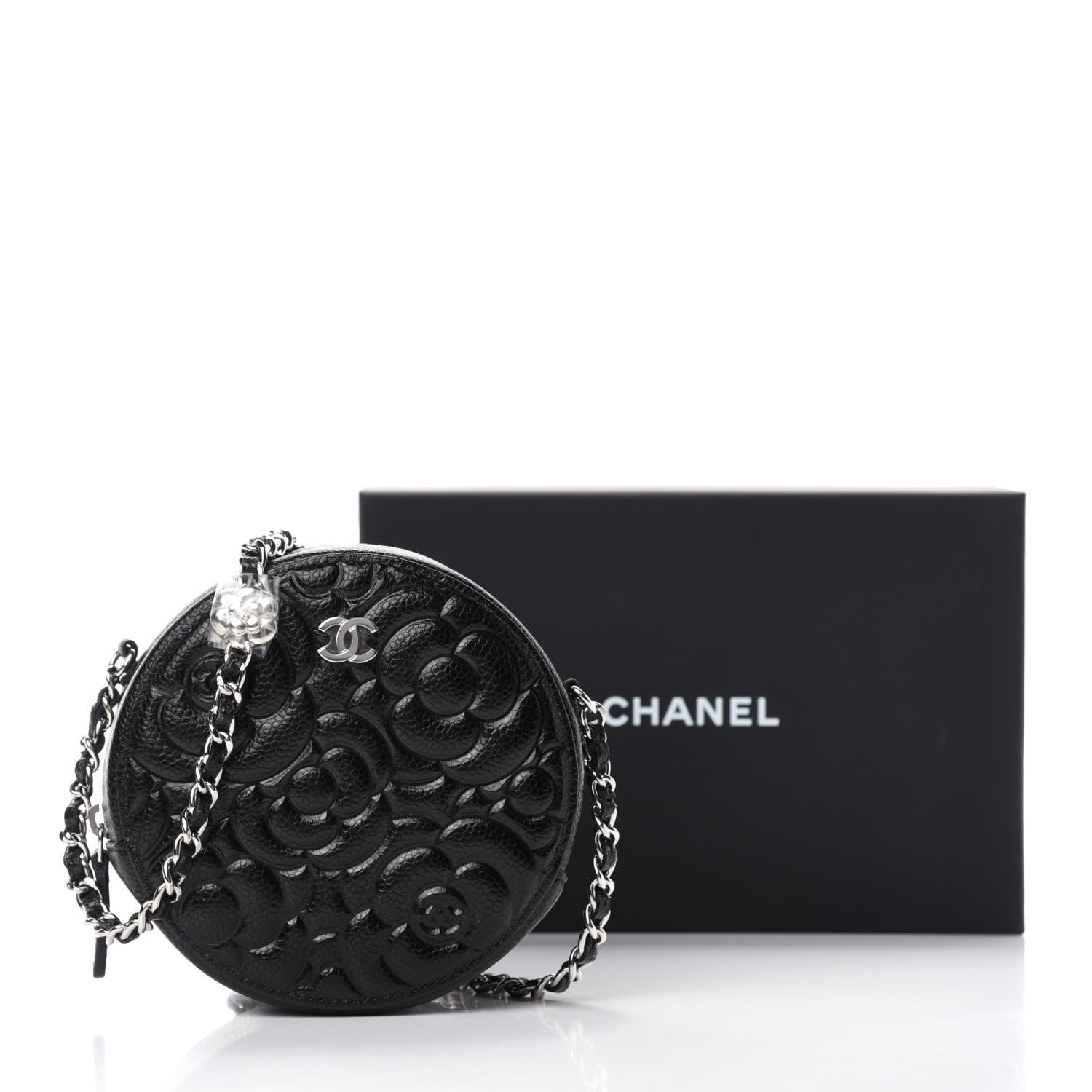 Chanel Caviar Camellia Embossed Round Clutch With Chain Black 11 of 11