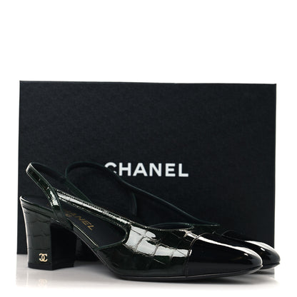 Chanel Patent Calfskin Crocodile Embossed Cap Toe CC Slingback Pumps 36 Burgundy Black 37.5 Dark Green Black 40 Dark Green Black 10 of 10