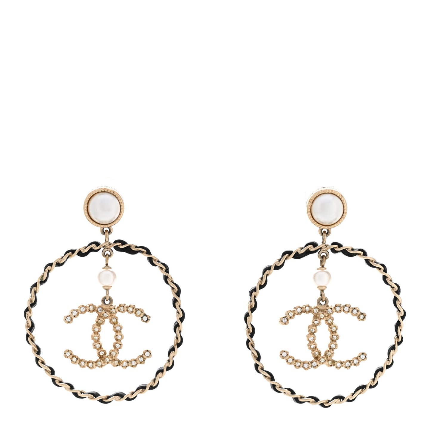 Lambskin Crystal Pearl CC Chain Hoop Earrings Gold Black