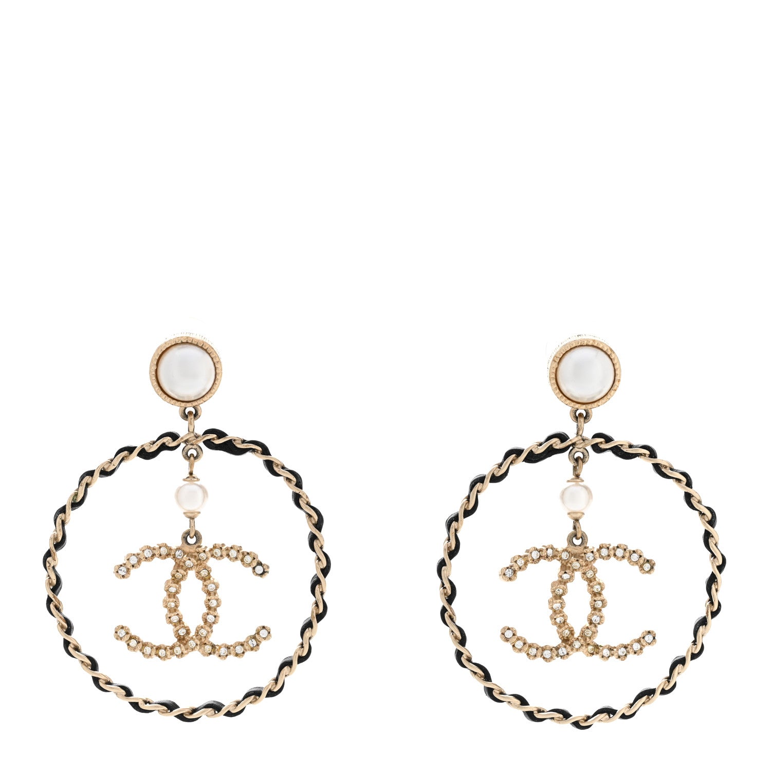 Chanel Lambskin Crystal Pearl CC Chain Hoop Earrings Gold Black 1 of 6