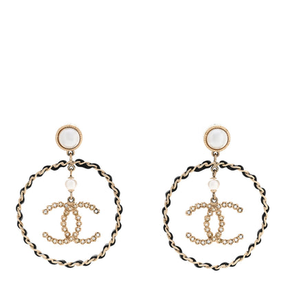 Chanel Lambskin Crystal Pearl CC Chain Hoop Earrings Gold Black 1 of 6