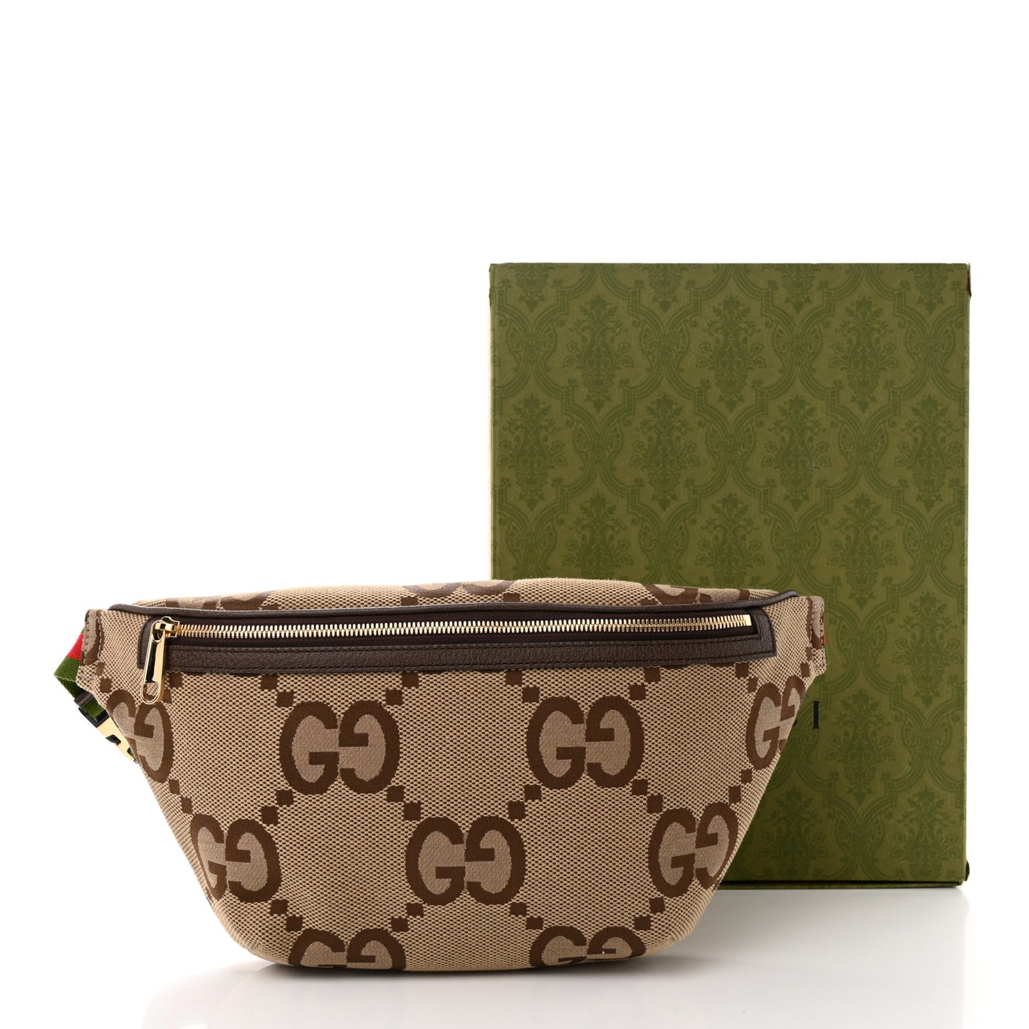 Monogram Jumbo GG Textured Dollar Calfskin Web Belt Bag Camel Ebony New Acero