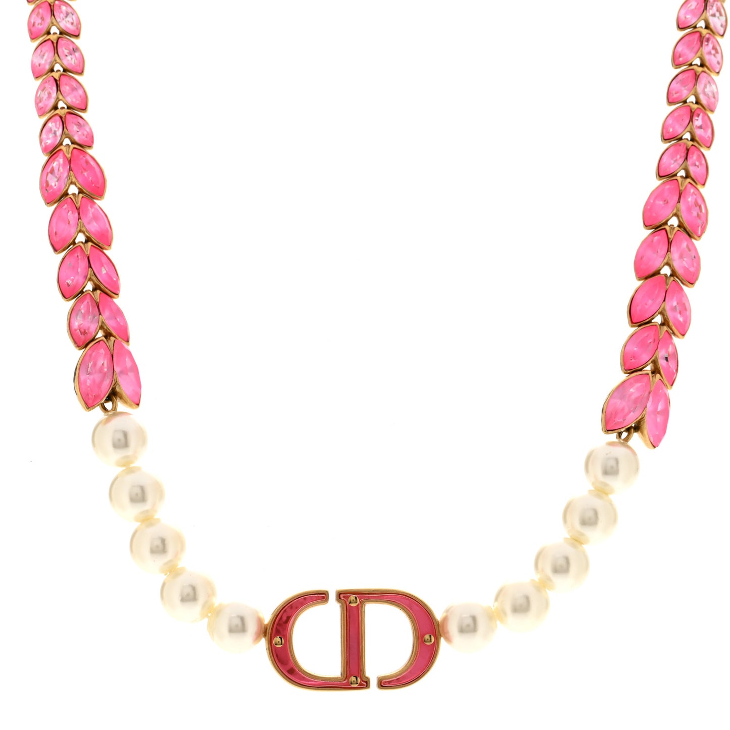 Metal Pearl CD Chain Choker Necklace Gold Pink