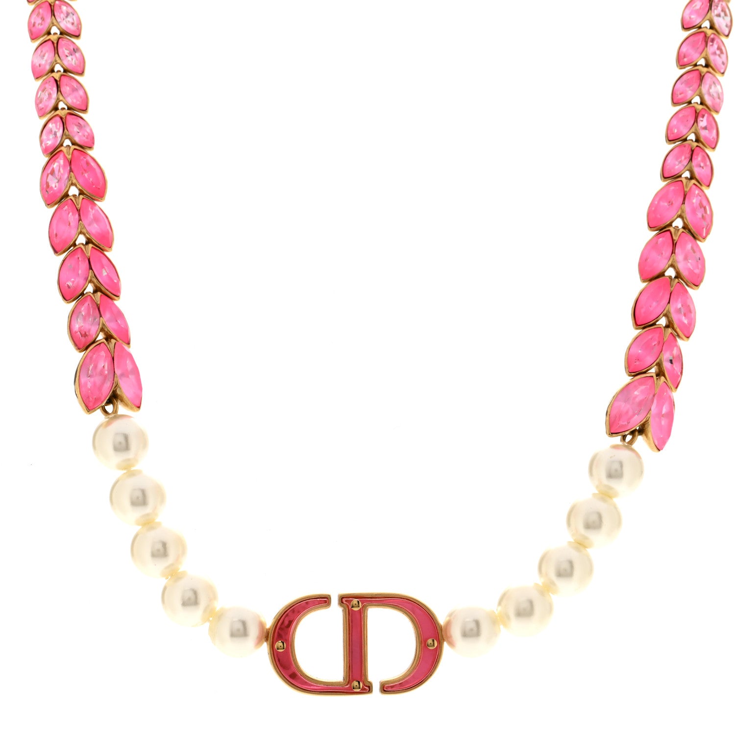 Christian Dior Metal Pearl CD Chain Choker Necklace Gold Pink 1 of 6