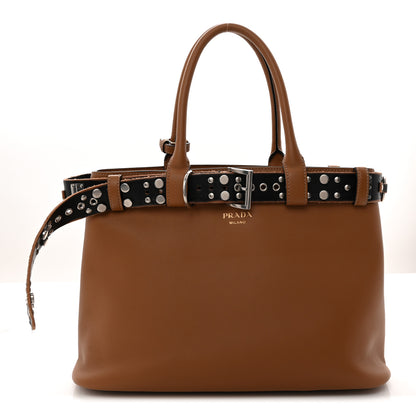 Prada Soft Grain Calfskin Studded Large Buckle Bag With Belt Caramel Black 1 of 10