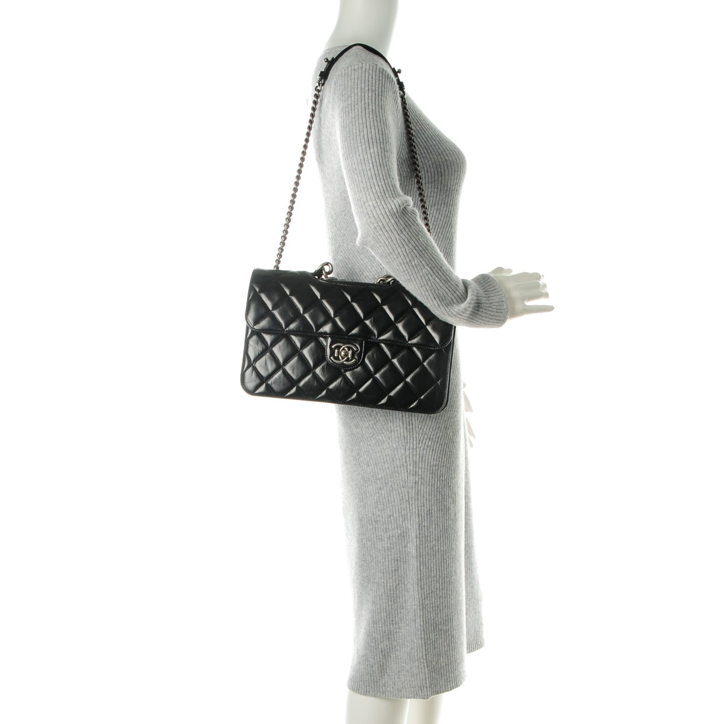 Calfskin Quilted Large Perfect Edge Flap Black
