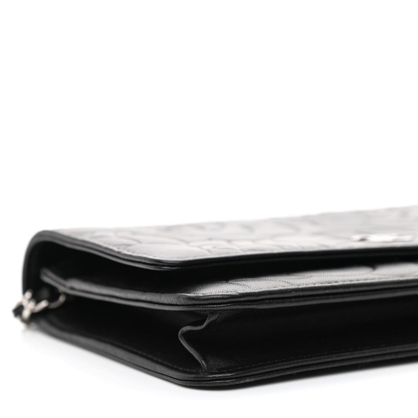 Lambskin Camellia Embossed Wallet on Chain WOC Black