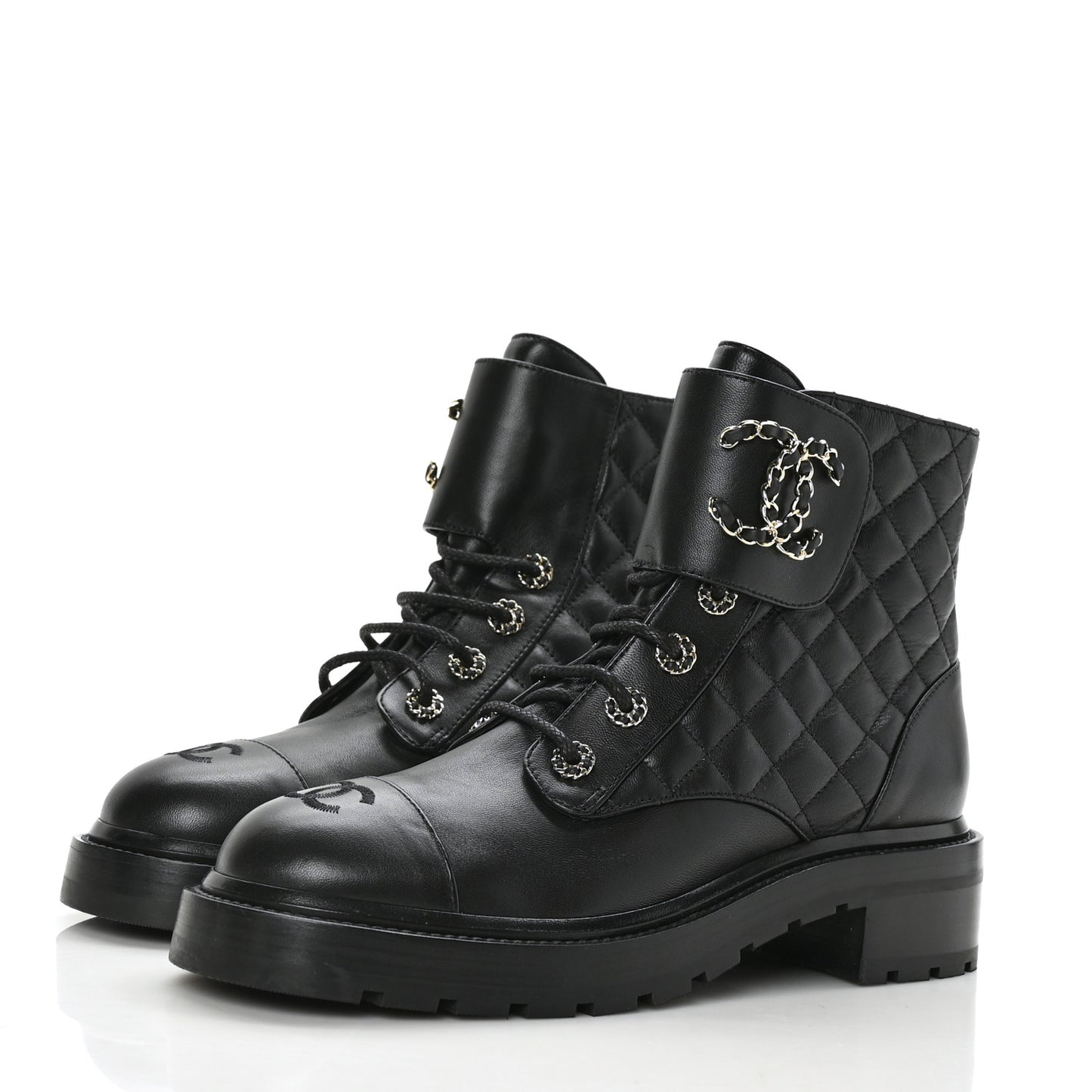 Shiny Calfskin Quilted Lace Up Combat Boots 40 Black