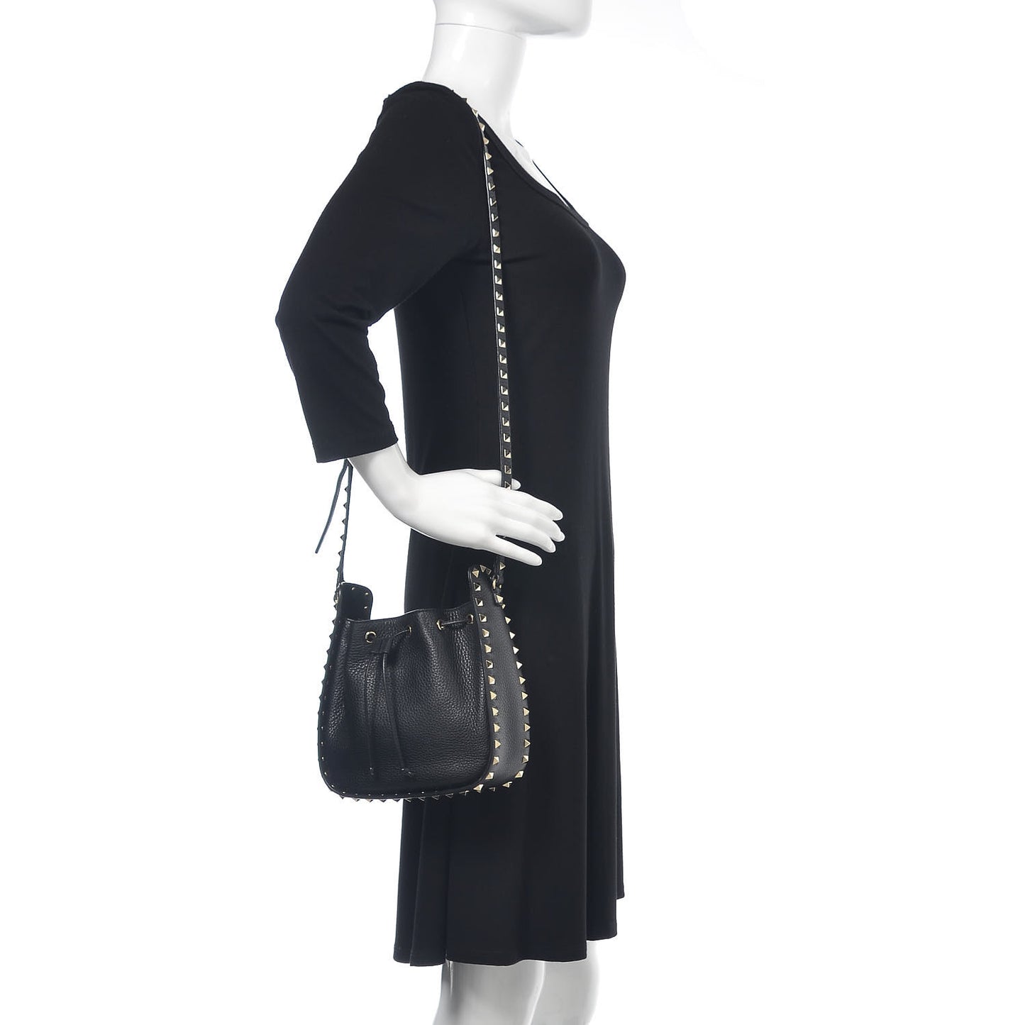 Grained Calfskin Rockstud Bucket Bag Black