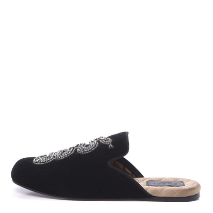 Gucci Velvet Crystal Snake Embroidered Womens Slippers 37.5 Black 1 of 9
