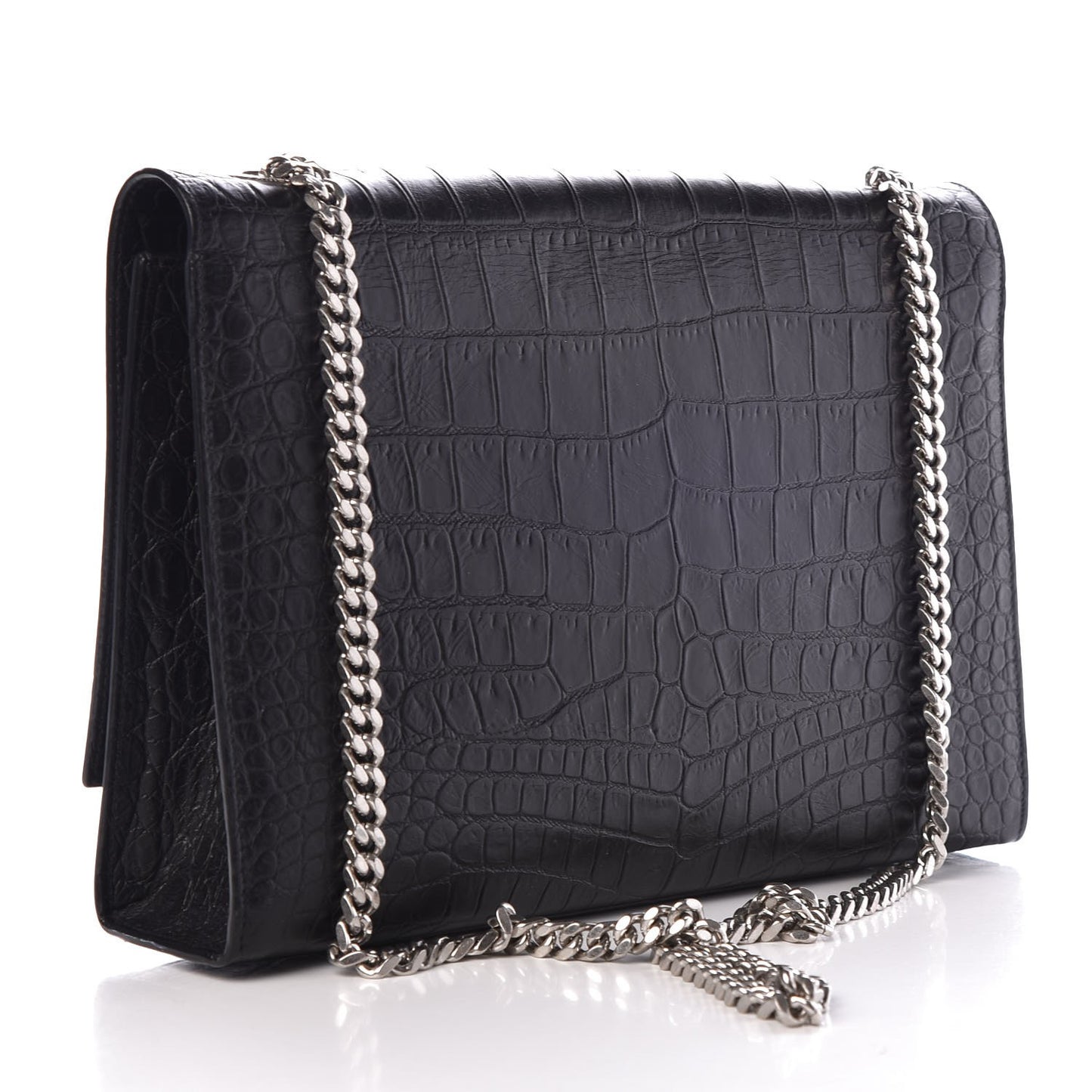 Calfskin Crocodile Embossed Large Classic Monogram Kate Satchel Black