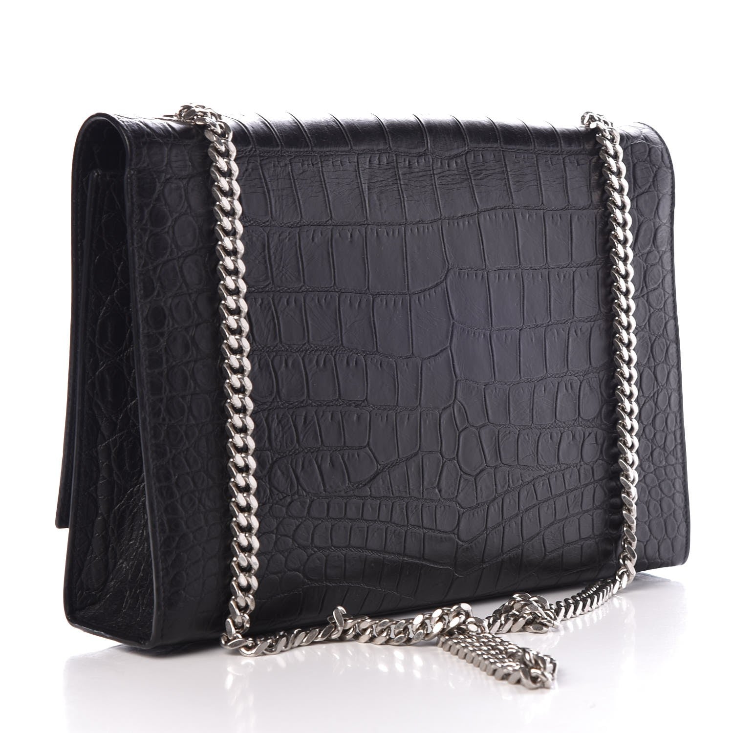 Saint Laurent Calfskin Crocodile Embossed Large Classic Monogram Kate Satchel Black 3 of 7