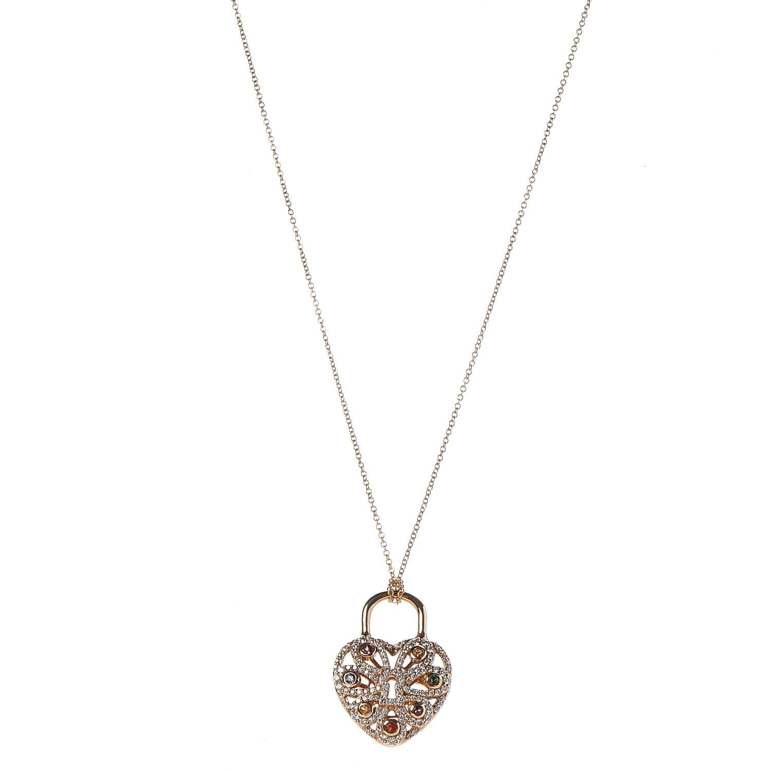 Tiffany 18K Rose Gold Diamond Multistone Filigree Heart Pendant Necklace 1 of 9