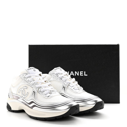 Chanel Fabric Laminated Calfskin Stretch CC Womens Sneakers 40 White Silver 11 of 11