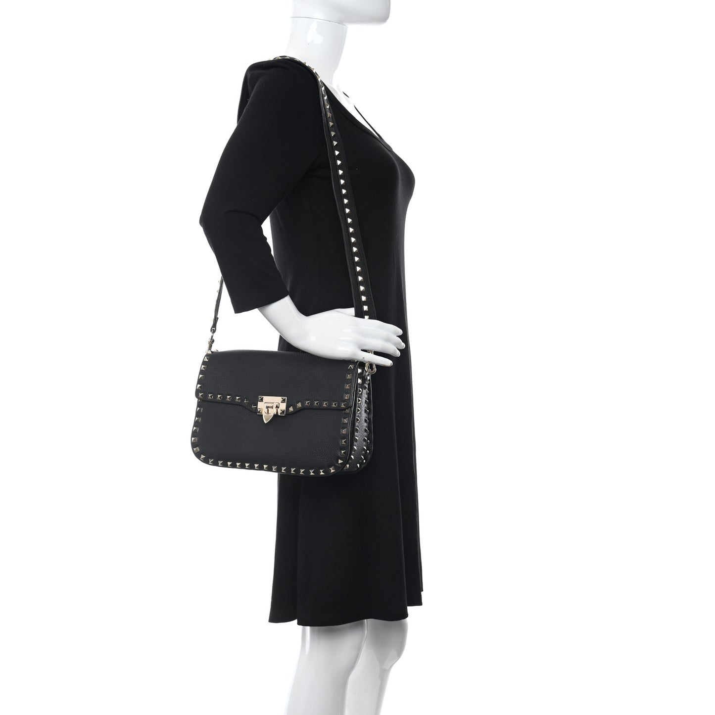 Pebbled Calfskin Medium Rockstud Flap Saddle Bag Black