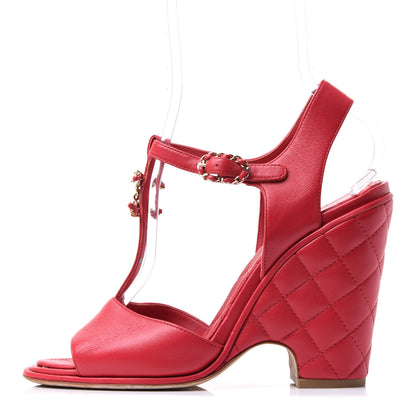 Chanel Lambskin Quilted Chain CC Wedge Sandals 40 Red 1 of 10