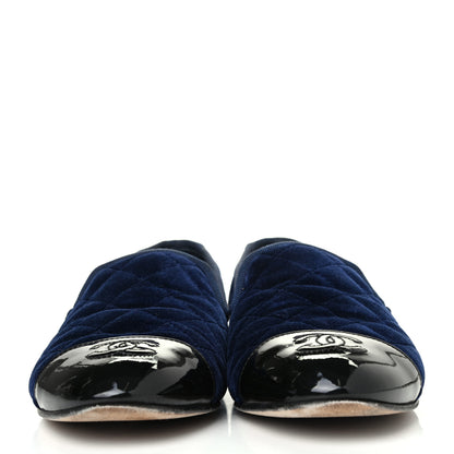 Chanel Velvet Quilted Cap Toe Womens CC Loafers 36 Blue 2 of 4
