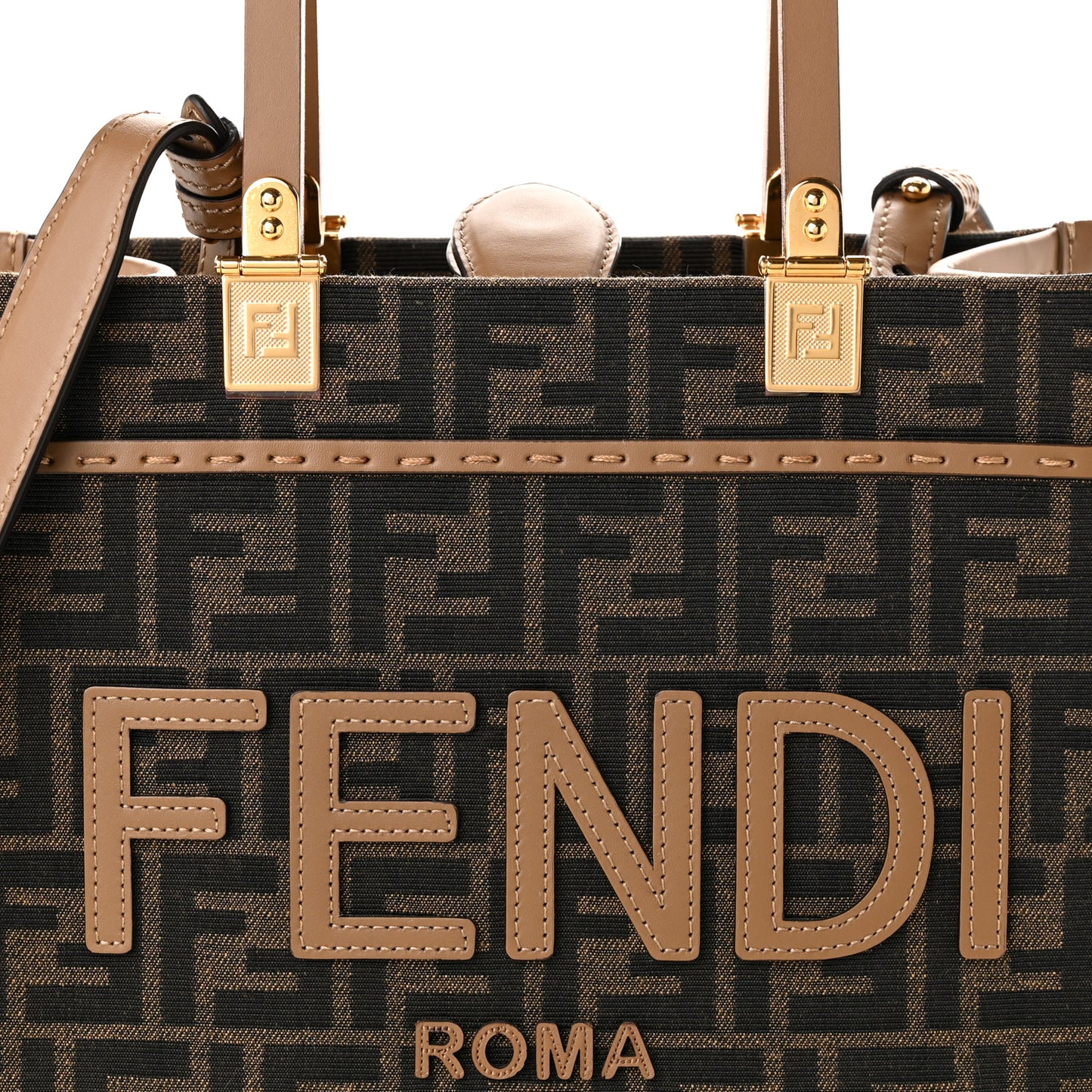 Fabric Jacquard FF 1974 Logo Small Fendi Sunshine Shopper Tote Tobacco Moro Sand