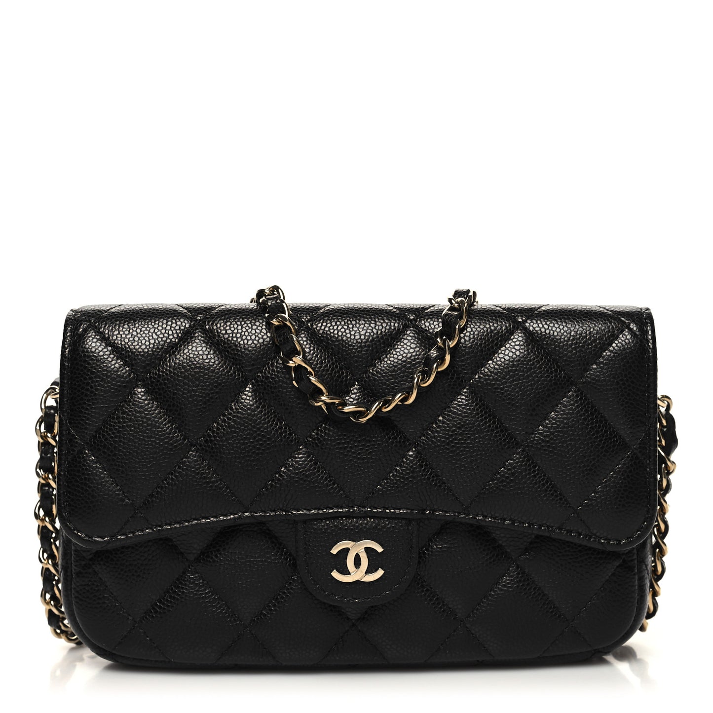 Caviar Quilted Flap Phone Holder With Chain Black