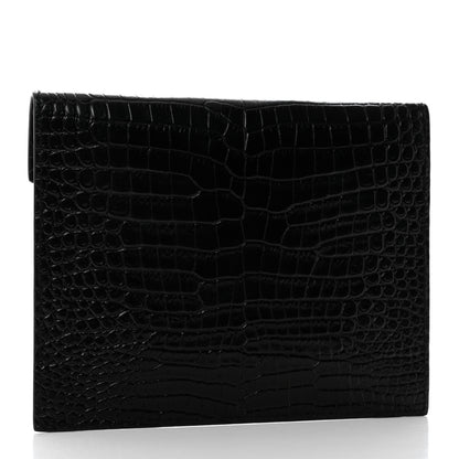 Saint Laurent Calfskin Crocodile Embossed Monogram Uptown Baby Pouch Black 3 of 8