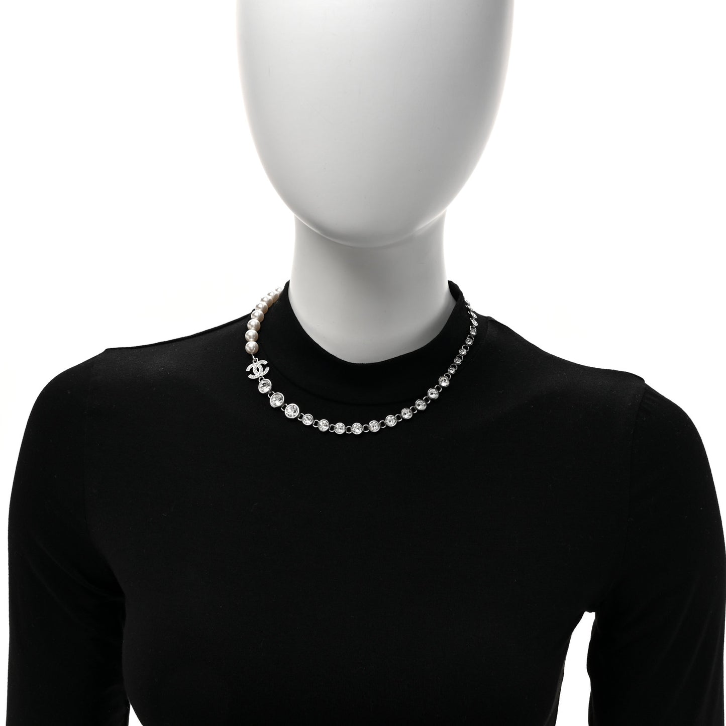 Pearl Crystal CC Choker Necklace Silver Pearly White
