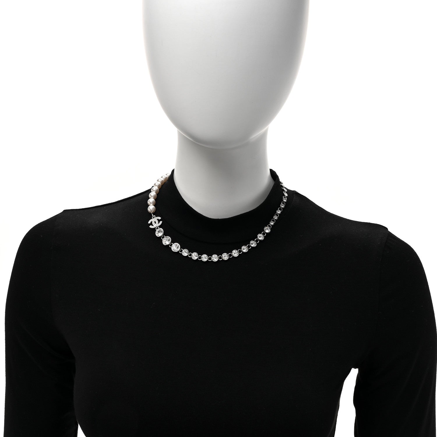 Chanel Pearl Crystal CC Choker Necklace Silver Pearly White 2 of 5