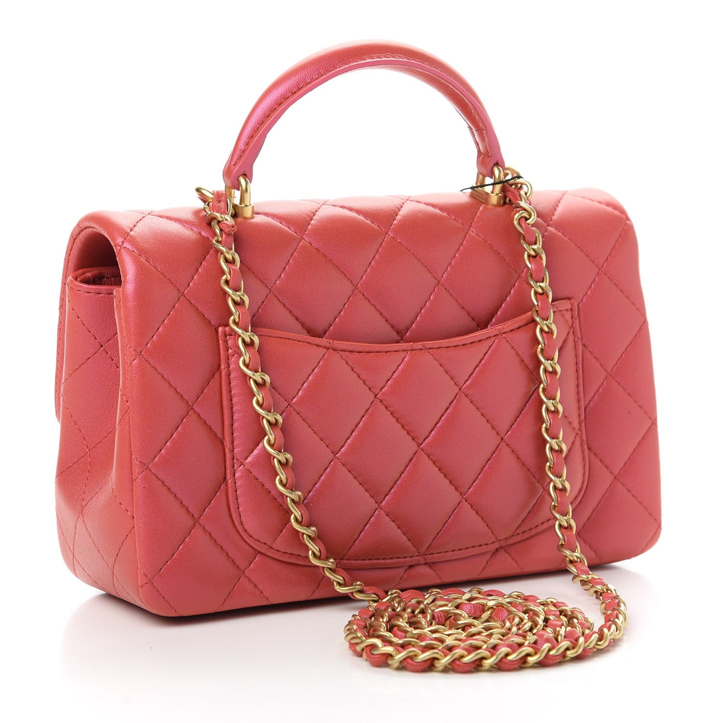 Iridescent Lambskin Quilted Mini Top Handle Rectangular Flap Red