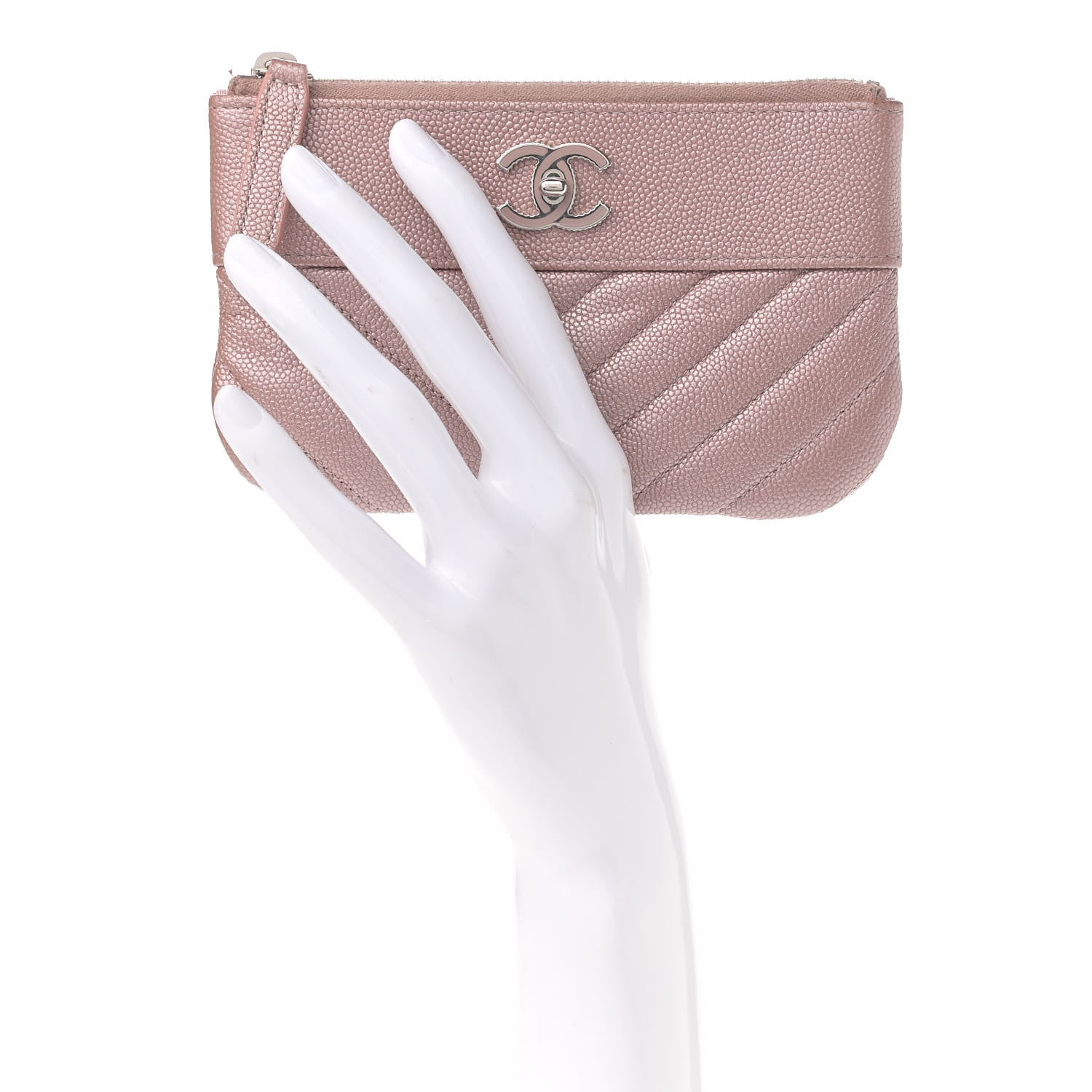 Chanel Metallic Caviar Chevron Quilted Small Vintage Mademoiselle Cosmetic Case Pink 2 of 8