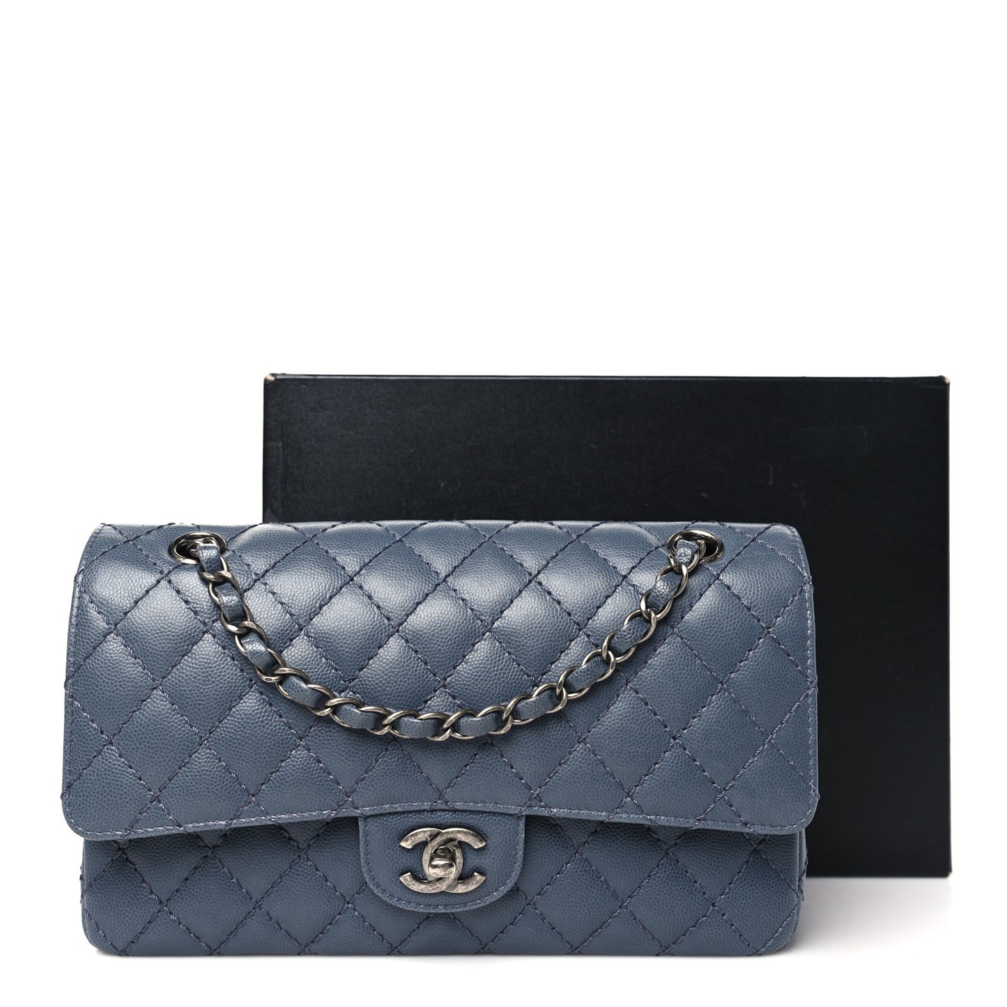 Caviar Quilted Medium Double Flap Grey