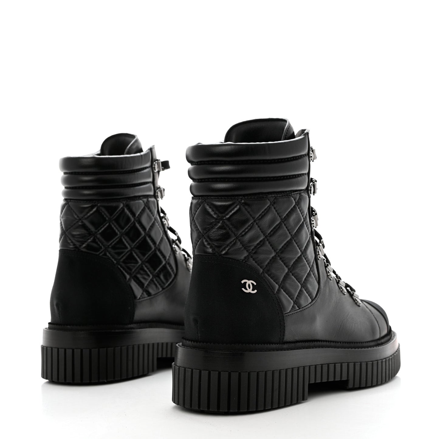 Calfskin Grosgrain Quilted Lace Up Boots 41 Black Grey