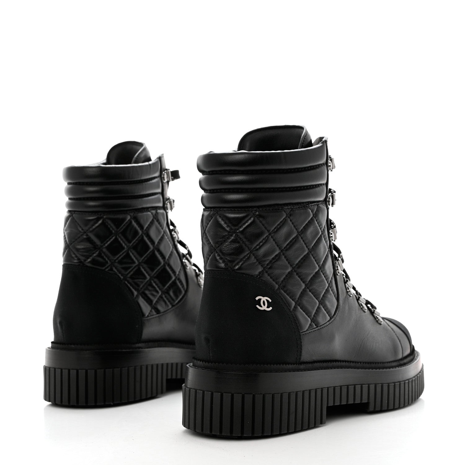 Chanel Calfskin Grosgrain Quilted Lace Up Boots 41 Black Grey 4 of 9