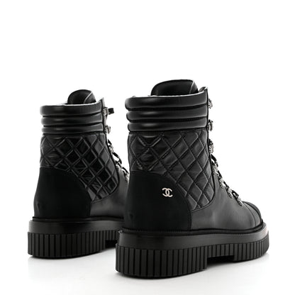 Chanel Calfskin Grosgrain Quilted Lace Up Boots 41 Black Grey 4 of 9