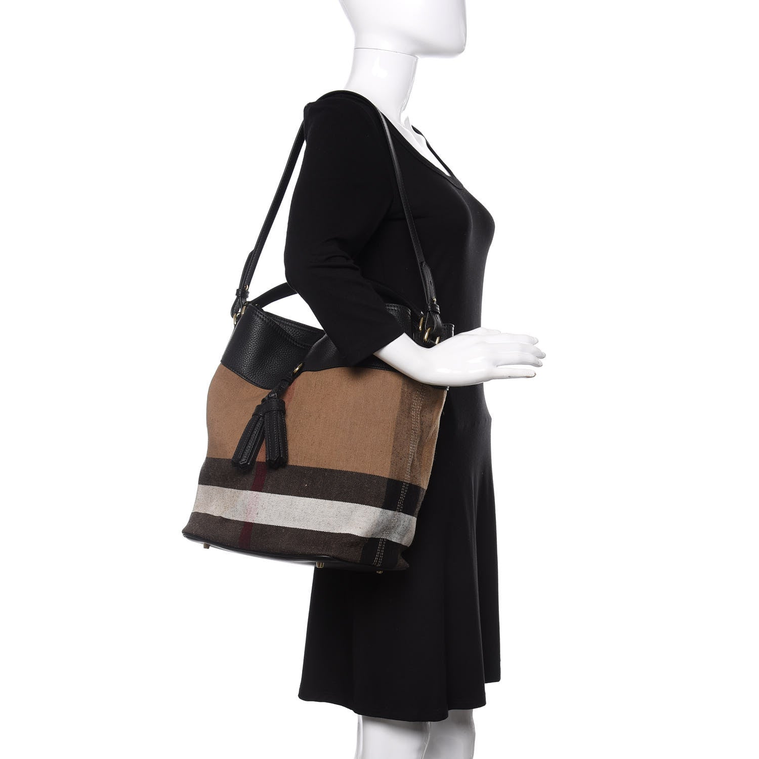 Burberry Grainy Calfskin Canvas Mega Check Medium Ashby Tassel Hobo Black 2 of 11