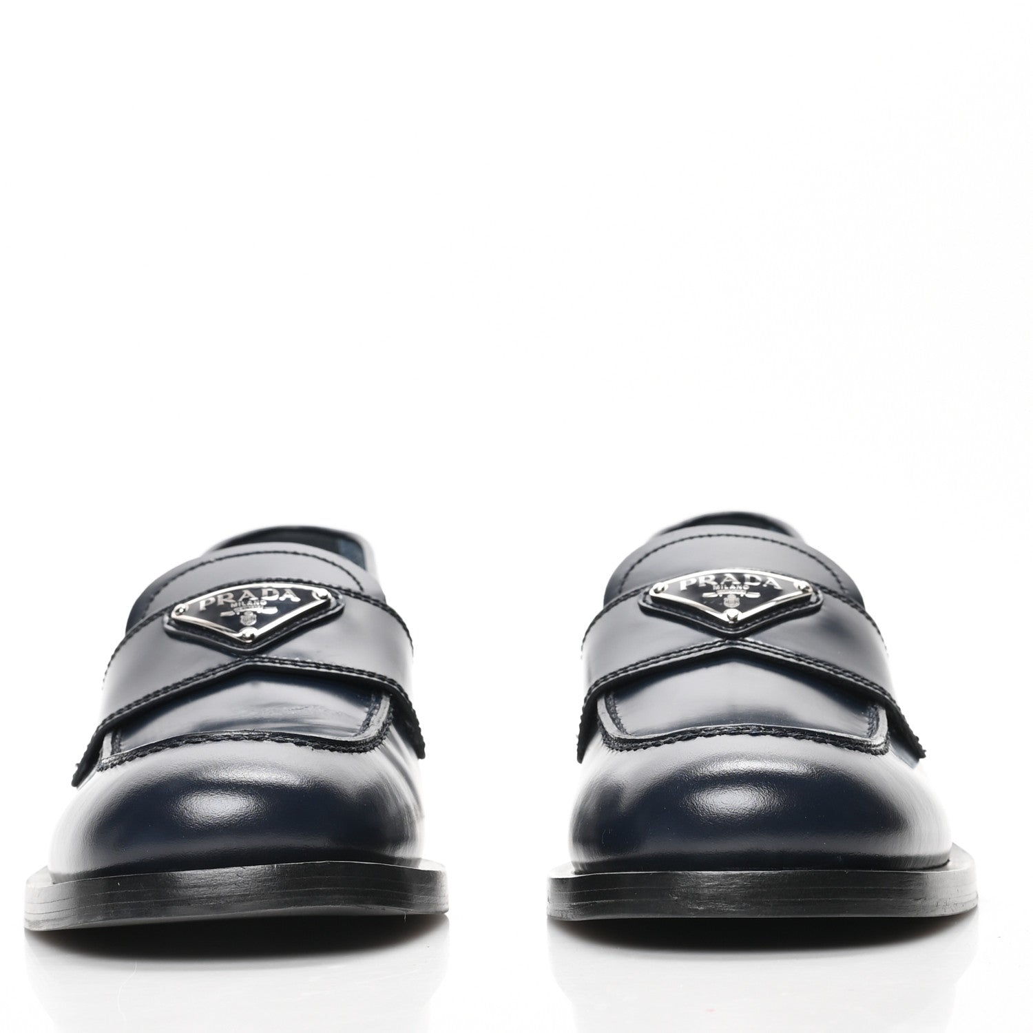 Prada Brushed Calfskin Metal Triangle Logo 20mm Loafers 38.5 Blue 2 of 8