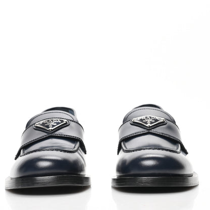 Prada Brushed Calfskin Metal Triangle Logo 20mm Loafers 38.5 Blue 2 of 8