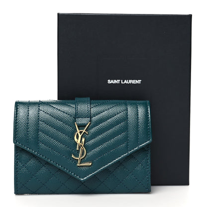 Saint Laurent Grain De Poudre Textured Mixed Matelasse Triquilt Small Monogram Envelope Wallet Sea Turquoise 11 of 11