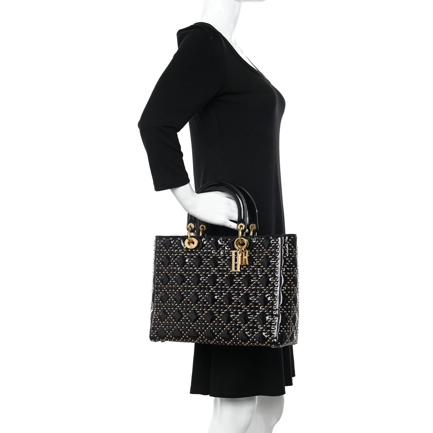 Christian Dior Patent Cannage Studded Large Lady Dior Black 3 of 12