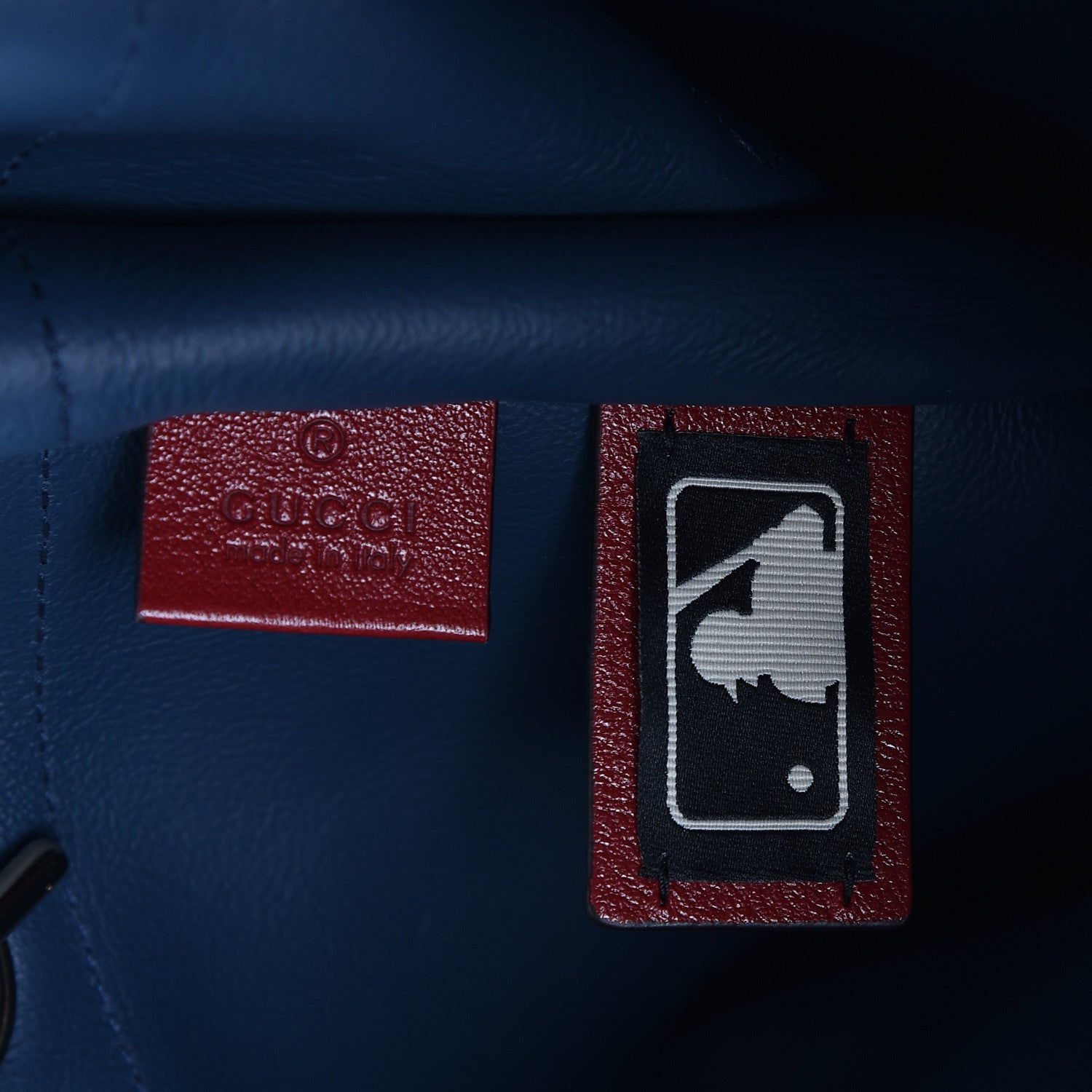 Gucci X MLB Suede Calfskin NY Yankees Large Rajah Chain Tote New Blue Romantic Cherry 10 of 13