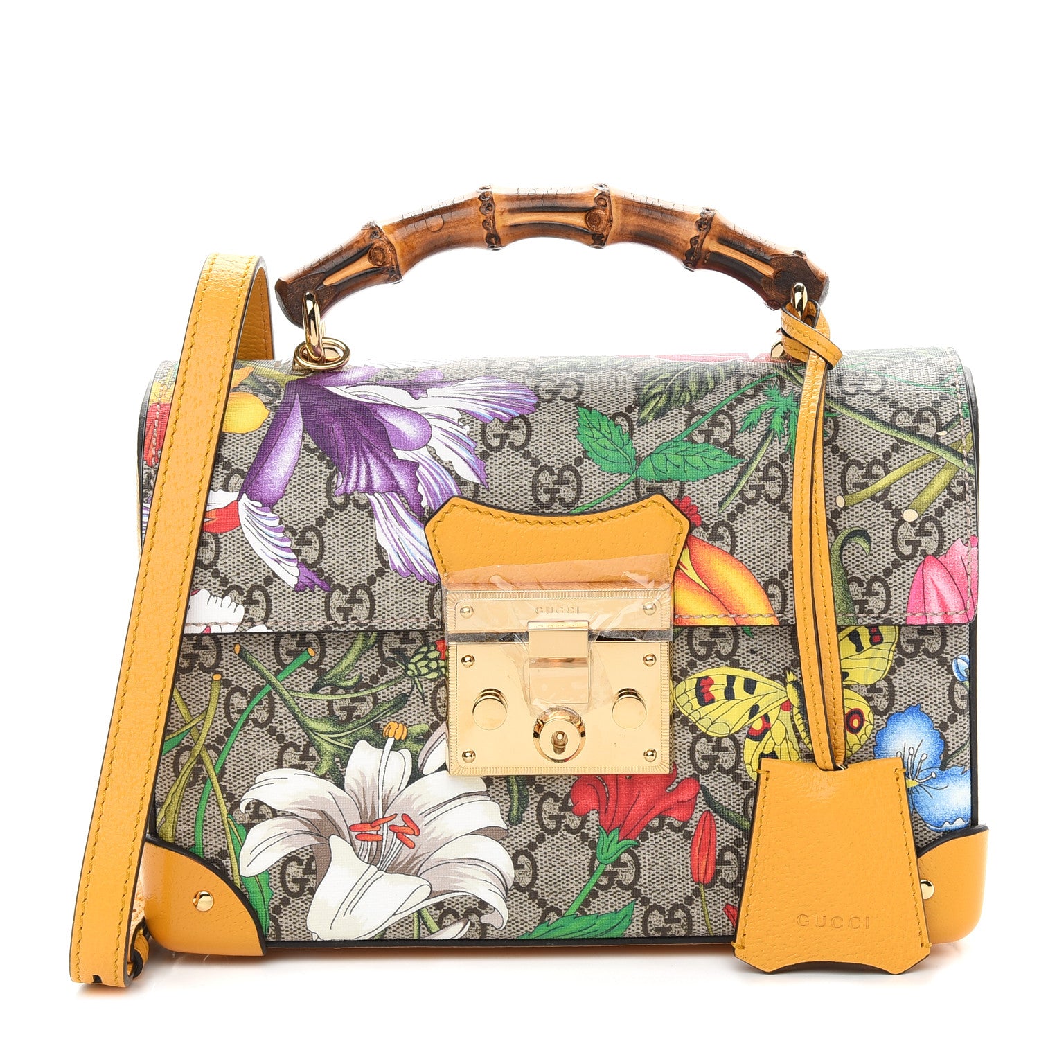 Gucci GG Supreme Monogram Flora Small Padlock Bamboo Shoulder Bag Beige Multicolor Crop 1 of 9