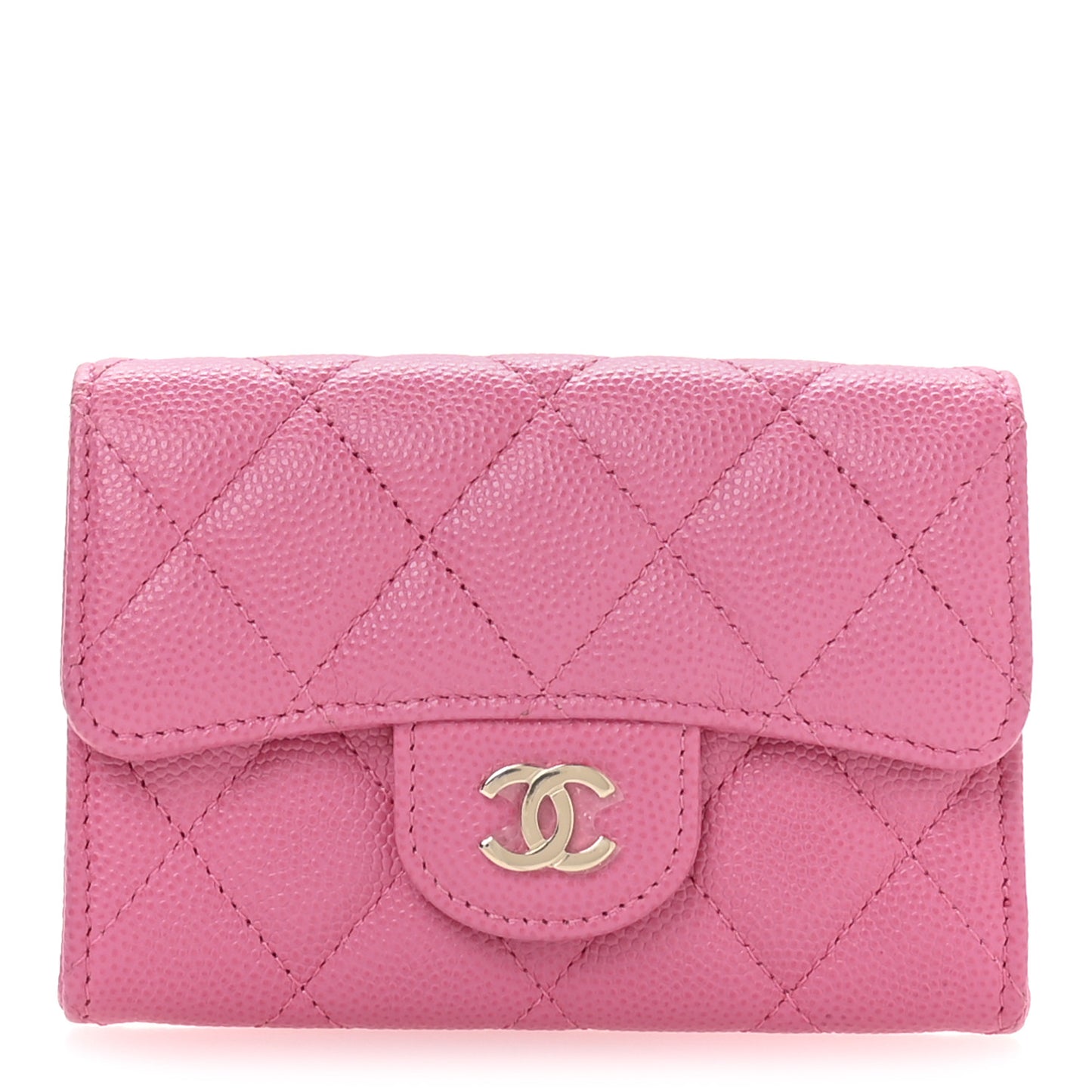 Caviar Quilted Flap Card Holder Wallet Pink