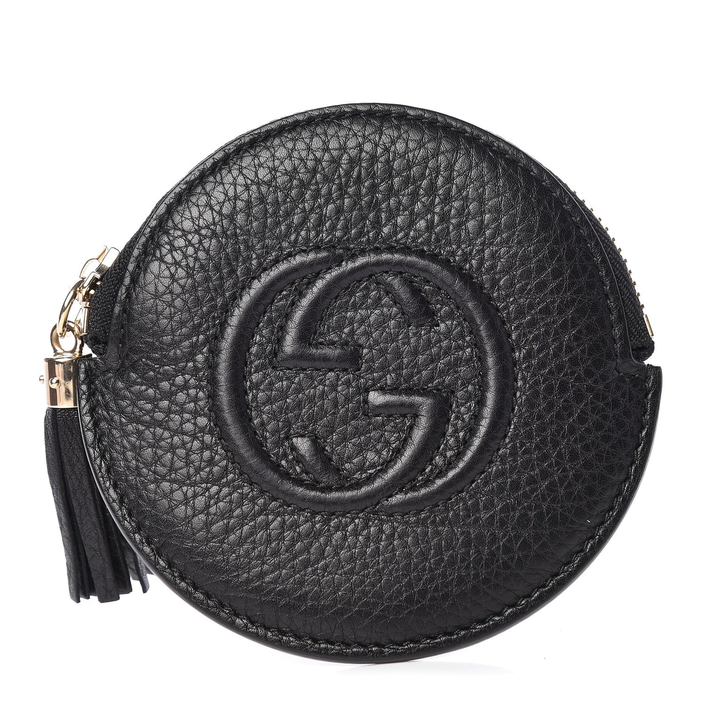 Pebbled Calfskin Round Coin Purse Black