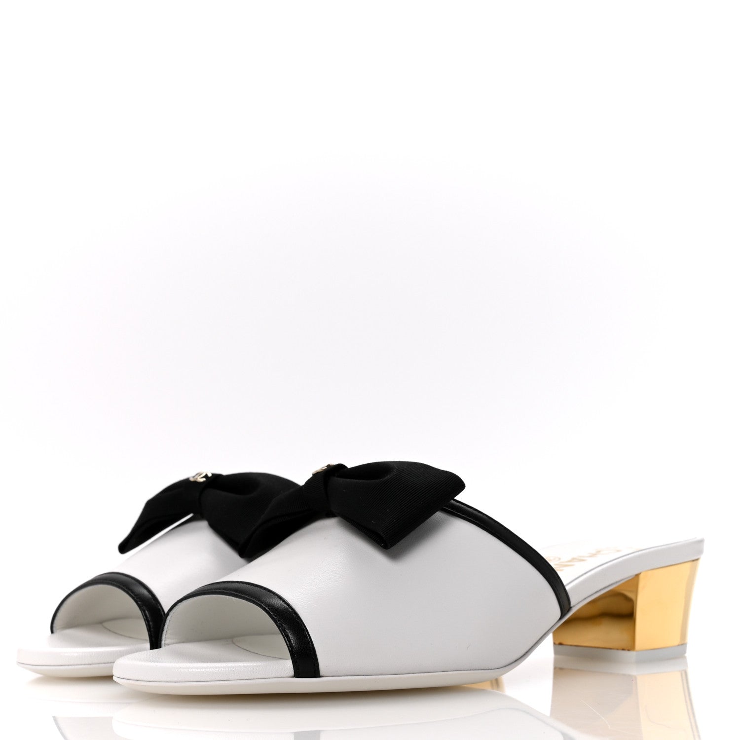 Chanel Lambskin Grosgrain Bow Mules 37 White Black 3 of 10