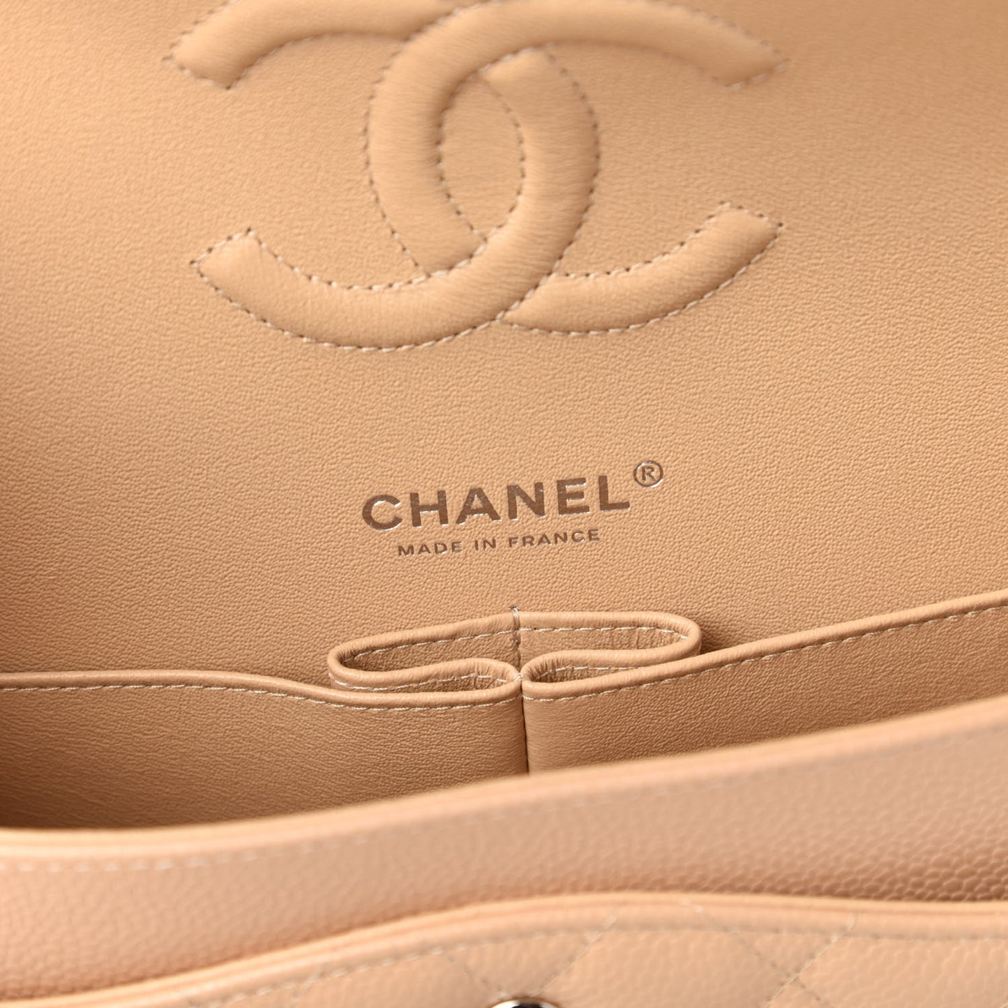 Caviar Quilted Medium Double Flap Beige