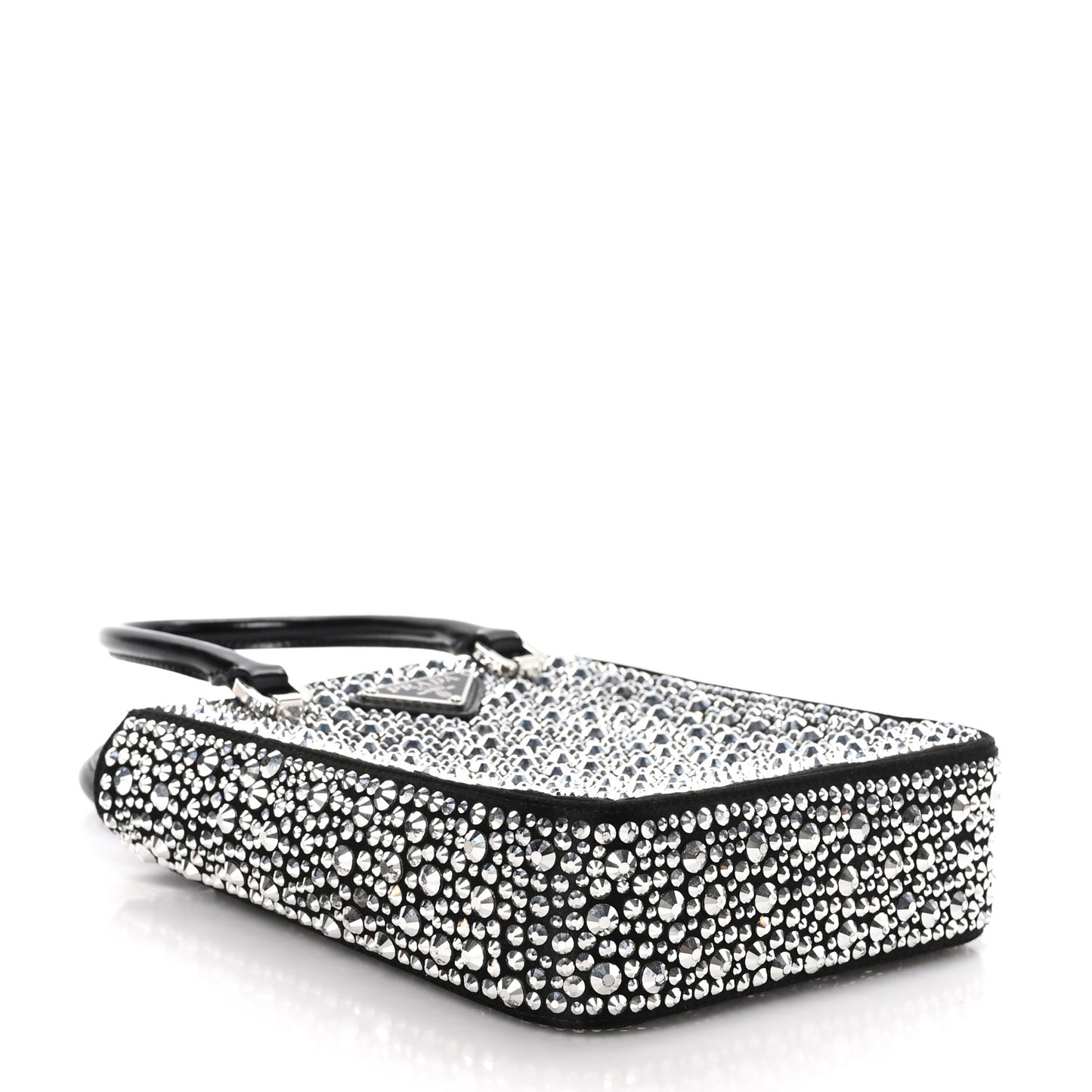 Satin Crystal Metal Triangle Logo Small Double Handle Crossbody Tote Metal