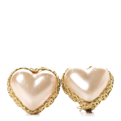 Chanel Pearl Heart Clip On Earrings Gold 1 of 4