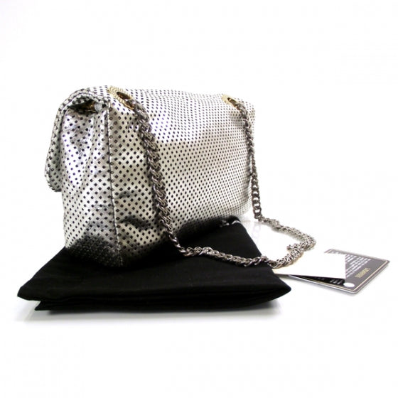 Chanel Metallic Crackled Calfskin Perforated Drill Flap Silver 3 of 12